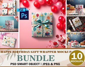 10 Birthday Gift Wrapper Mockup Bundle, Wrapped Present Mockup, Wrapping Paper& Pattern Mock up, Insert Background, Design Via Smart PSD