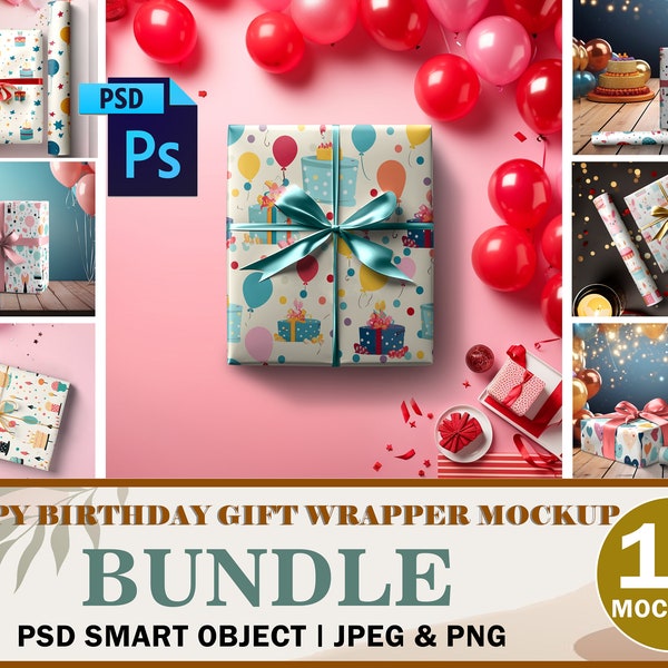 10 Birthday Gift Wrapper Mockup Bundle, Wrapped Present Mockup, Wrapping Paper& Pattern Mock up, Insert Background, Design Via Smart PSD