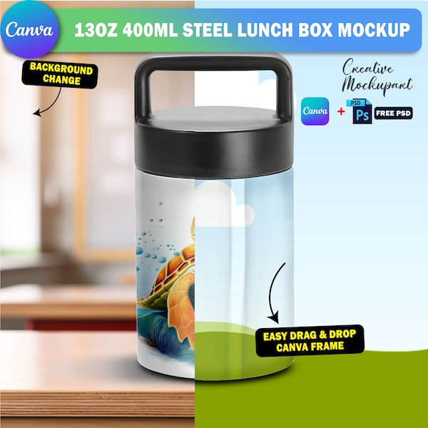 Canva 13oz 400ml Steel Lunch Box Mockup, Stainless Steel Lunch Box Food Jar Mockup, Insert Design & Background Via Canva Frame And PSD