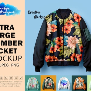 Puede incluir: Una chaqueta bomber negra con estampado floral. La chaqueta tiene cierre de cremallera y dos bolsillos en la parte delantera. La chaqueta está sobre un fondo azul.