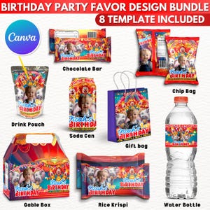 May include: A birthday party favor design bundle featuring various items like chocolate bars, chip bags, drink pouches, and a water bottle. Each item has a circus theme with a baby's photo and the text "Noah's 1st Birthday". The bundle includes 8 templates.