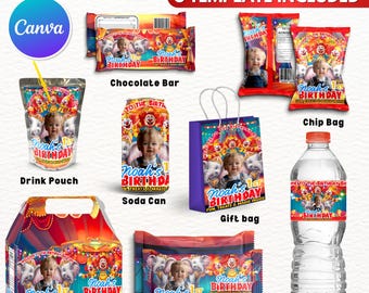 8X Circus Theme Birthday Party Favor Template Bundle, Canva Editable Birthday Party Treats Design, Custom Water Labels, Chip Bag, Wrapper
