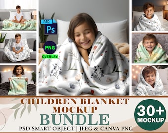 PSD Cobertor Infantil Mockup Smart Object Bundle, Cobertor Bebê Criança Mockup, Fleece Sherpa Velveteen Pelúcia Microfibra Cobertor PSD PNG & Jpg