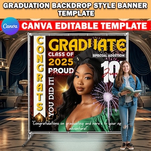 Graduation Backdrop/Banner Template, Black and Silver DIY Editable Canva Graduation Photography Backdrop/Banner, Graduation Party Backdrop