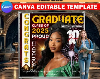 Graduation Backdrop/Banner Template, Black and Silver DIY Editable Canva Graduation Photography Backdrop/Banner, Graduation Party Backdrop