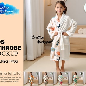 May include: A white bathrobe with a floral print. The robe has a tie belt and a pocket on the left side. The robe is being worn by a child standing on a light brown floor.