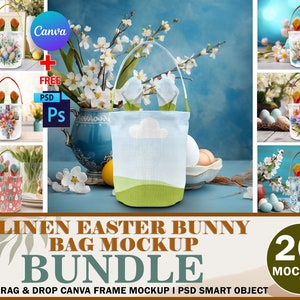 May include: A set of 20+ Easter bunny bag mockups featuring various designs and colors. The mockups are displayed on a blue background with spring flowers and eggs. The text "LINEN EASTER BUNNY BAG MOCKUP BUNDLE" is displayed at the bottom of the image.  EASY DRAG & DROP CANVA FRAME MOCKUP I PSD SMART OBJECT is also included in the text.