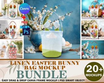 Canva Frame 20 Linen Easter Bunny Bag Mockup Bundle, Easter Basket Mockup, Change Ear Color, Insert Design & Background Via Canva And PSD
