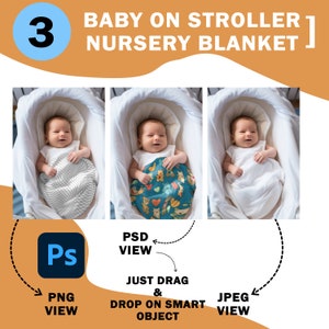 May include: A mockup showing how to use a digital design template to create a personalized baby blanket. The template features a baby in a bassinet, wrapped in a blanket. The image shows three different versions of the blanket: a plain gray and white checkered pattern, a colorful pattern with bears and hearts, and a plain white blanket.