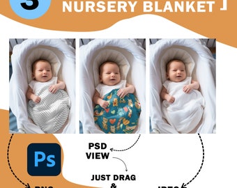 3 Baby-Musselin-Decke im Kinderwagen-Mockup | Swaddle Mockup | Baby Decke Mockups | Fügen Sie das Design über Photoshop Smart PSD, Canva PNG und JPG ein