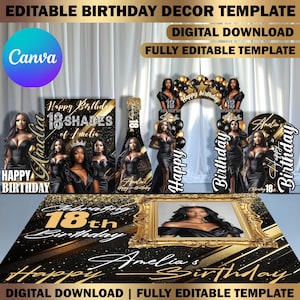 Custom Birthday Decor Canva Template Bundle, Name Cutout, Black & Gold Birthday Arch, Magazine Backdrop, Arch Backdrop, Floor Wrap Decor Set
