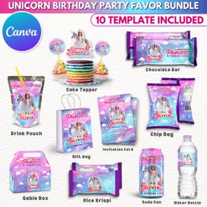 May include: A unicorn-themed birthday party favor bundle with 10 templates. Includes drink pouches, cake toppers, chocolate bars, chip bags, invitation cards, gift bags, gable boxes, rice krispies, soda cans, and water bottles. The text "Olivia is turning five" is visible.