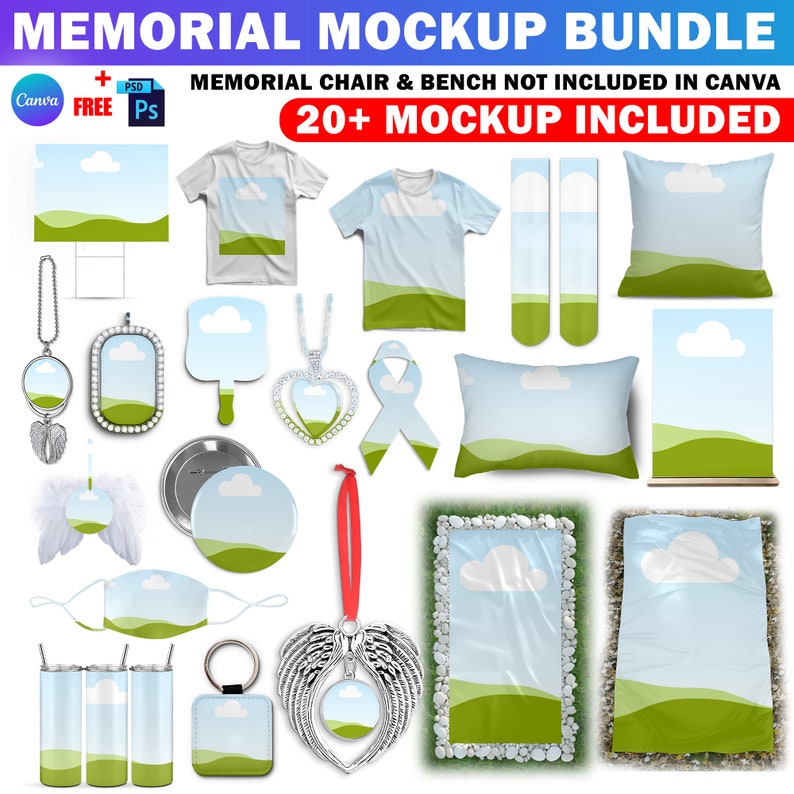 May include: A mockup bundle of 20+ memorial items, including t-shirts, pillows, tumblers, keychains, and more. Each item features a design with a blue sky, white clouds, and green hills.