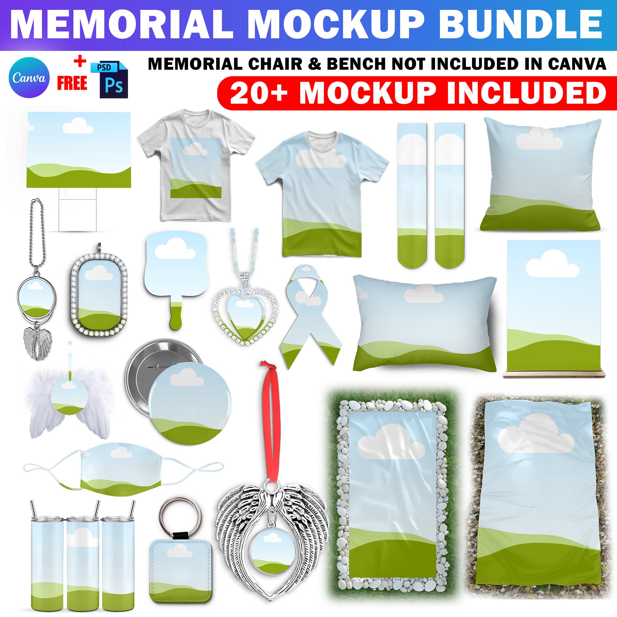 Canva Memorial Mockup Bundle, Memorial T Shirt, Pendant, Pillow, Grave Blanket, Button, Ribbon, Insert Design Background Via Canva Frame PSD