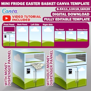 Plantilla de Canva para caja de regalo de mininevera con puerta francesa, caja de regalo de canasta de Pascua con cartón pluma, bolsa de regalo de lujo, caja de regalo de cumpleaños DIY editable en Canva