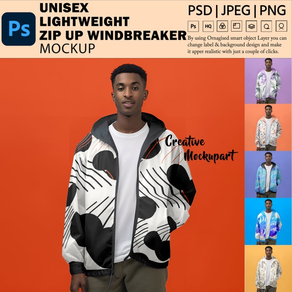 Unisex Lightweight Zip Up Windbreaker Mockup | All Over Print Full Sleeve Windbreaker Jacket Mockup |  Insert Design PSD, Canva PNG Jpg