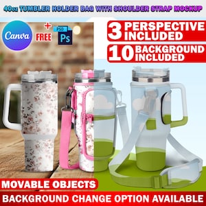 Op de afbeelding: Mockup van een 40oz-tumbler-draagtas met schouderband. De tas wordt getoond in drie verschillende perspectieven met 10 verschillende achtergrondopties. De tas is gemaakt van een zacht, duurzaam materiaal en heeft een ritssluiting. De tas is ook uitgerust met een comfortabele schouderband voor gemakkelijk dragen. De tas is verkrijgbaar in verschillende kleuren en patronen.