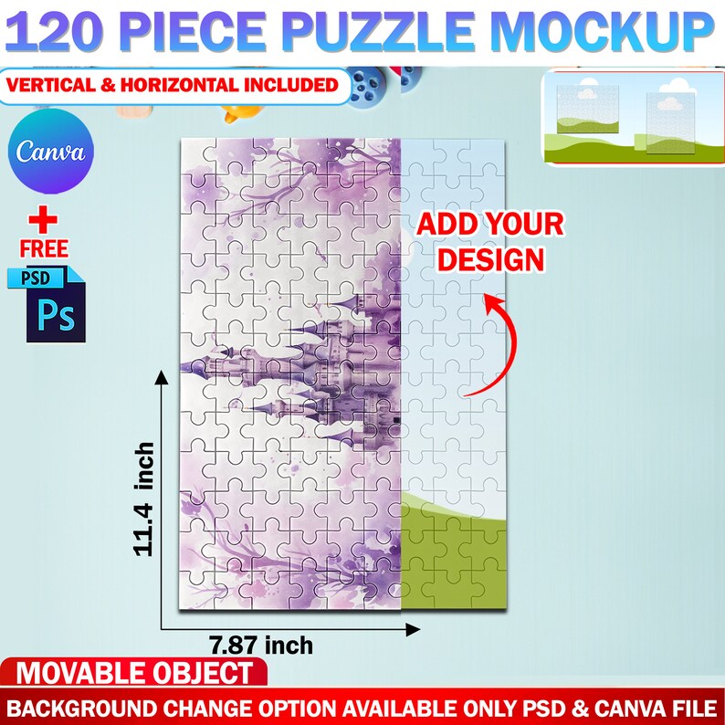 May include: A 120-piece puzzle mockup with a purple and white design, measuring 11.4 inches by 7.87 inches. The image includes the text "ADD YOUR DESIGN" and "MOVABLE OBJECT". The mockup is compatible with PSD and Canva files.