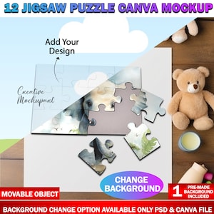 Canva 12 Piece Puzzle Mockup, Jigsaw Puzzle Template For Sublimation, Insert Your Own Design & Background Via Smart Canva Frame And PSD