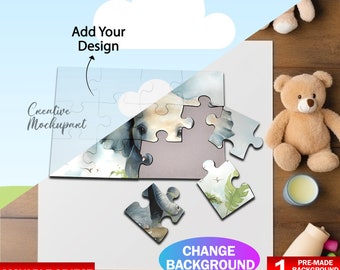 Maqueta de rompecabezas de 12 piezas de Canva, plantilla de rompecabezas para sublimación, inserte su propio diseño y fondo a través del marco inteligente de Canva y PSD