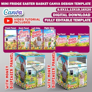 Plantilla de lienzo para caja de regalo de mini refrigerador con puerta francesa de Pascua, caja de regalo de canasta de Pascua de cartón pluma, bolsa de regalo de lujo, caja de refrigerador de regalo de cumpleaños DIY