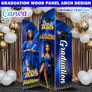 Graduation Wooden Arch Panel Design Canva Backdrop Template, Editable Blue & Gold Grad Entrance Arch Panel Customizable Canva Arch Entryway