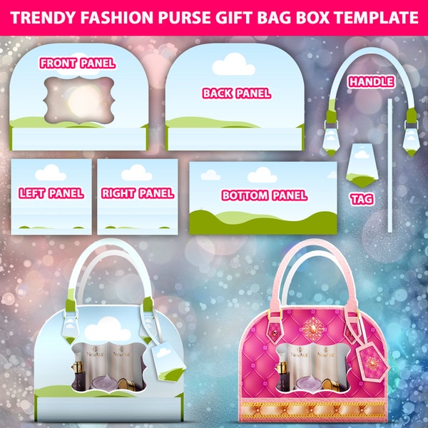 Trendy Fashion Purse Gift Bag Box Template, DIY Designer Handbag Gift Box, Luxury Handbag Gift Treat Box Canva Editable Special Occasion Bag