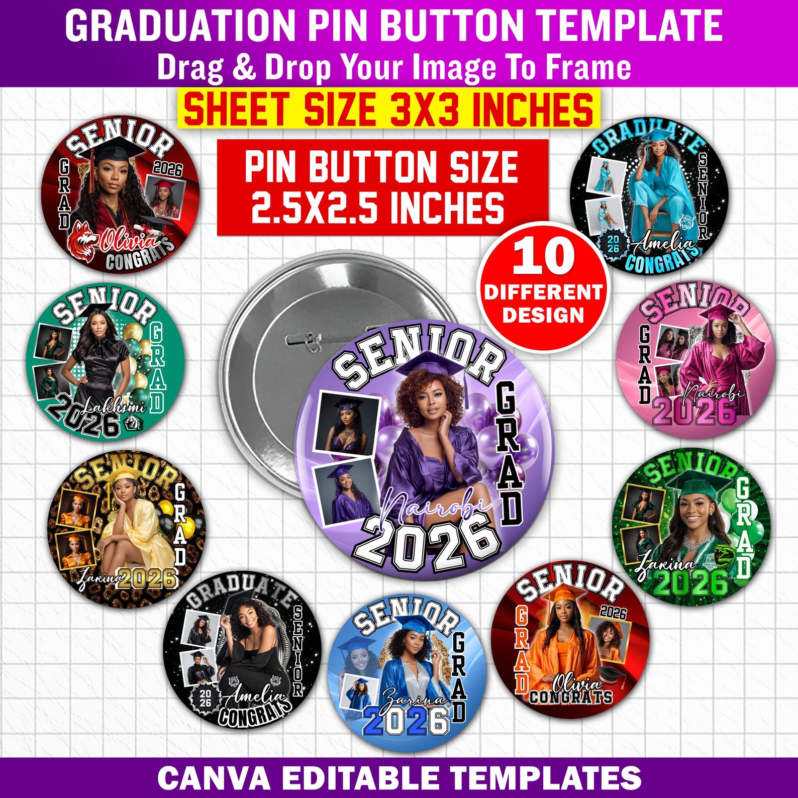 10 Graduation Pin Button Templates for Canva, Class of 2026 Senior ...