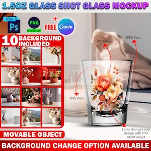 Dye Sublimation Glass Shot Glass Mockup, 1.5oz Liquor Glass Mockup, Insert Own Design & Background (10 Included) Via PSD And Canva Frame