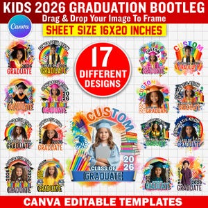 Op de afbeelding: Een digitaal sjabloon voor kinderdiploma-uitreikingen, met 17 verschillende ontwerpen. De afmeting van het vel is 40,64 x 50,8 cm. De ontwerpen tonen kinderen in afstudeerkleding met de tekst "Class of 2026 Graduate".