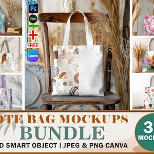 30x AOP Tote Bag Mockup Bundle, AOP Tote Bag Zmień Kolor Uchwytu Canva & PSD Mockup, AOP Boho Cotton Canvas Tote Bag Mockup Mega Bundle
