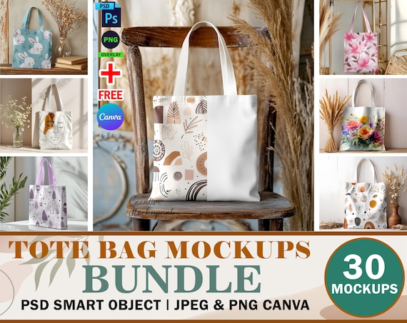 30x AOP Tote Bag Mockup Bundle, AOP Tote Bag Change Handle Color Canva & PSD Mockup, Aop Boho Cotton Canvas Tote Bag Mockup Mega Bundle