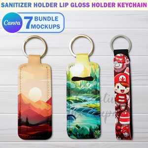 May include: A set of 7 mockup images for a keychain sanitizer holder or lip gloss holder. The keychain holders are made of leather and have a variety of colorful designs. The text "Canva 7 Bundle Mockups" is visible in the top left corner of the image.