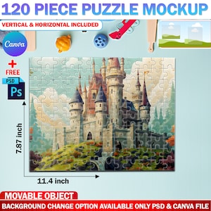 May include: A 120-piece puzzle mockup featuring a castle illustration. The puzzle measures 11.4 inches wide and 7.87 inches high. The image includes the text "120 PIECE PUZZLE MOCKUP" and "VERTICAL & HORIZONTAL INCLUDED".