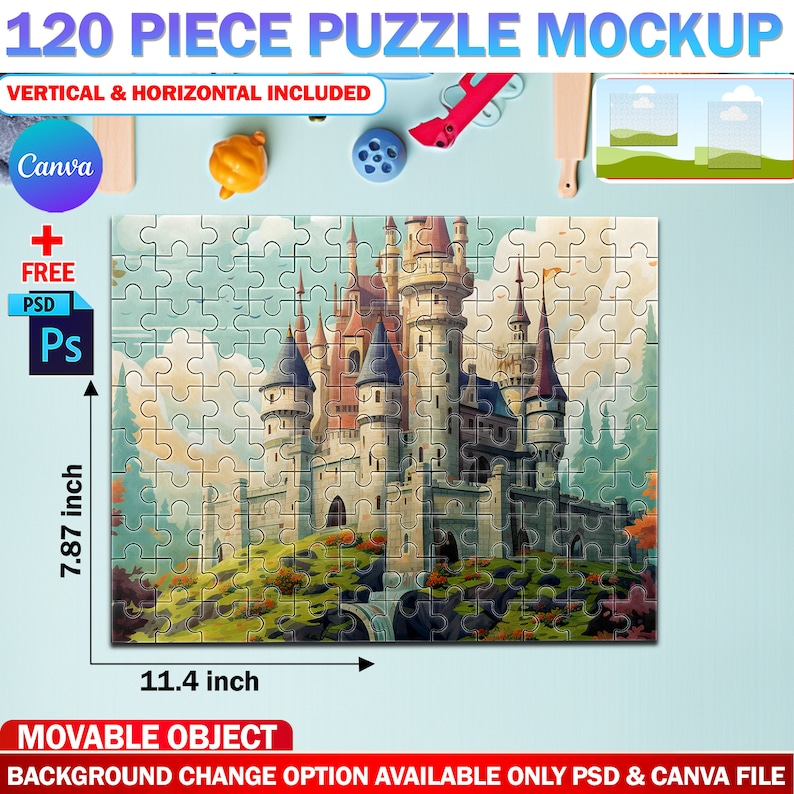 May include: A 120-piece puzzle mockup featuring a castle illustration. The puzzle measures 11.4 inches wide and 7.87 inches high. The image includes the text "120 PIECE PUZZLE MOCKUP" and "VERTICAL & HORIZONTAL INCLUDED".