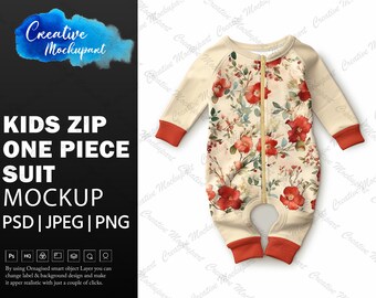 May include: A beige baby onesie with a zipper closure and long sleeves. The onesie has a floral print with red, pink, and green flowers. The sleeves and bottom of the onesie are a darker red color.