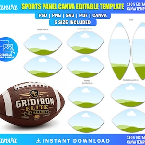 May include: A brown leather football with white laces and the text Gridiron Elite Premium Series, alongside a digital Canva template featuring multiple football-shaped panels with a green field and blue sky graphic, labeled with five sizes.