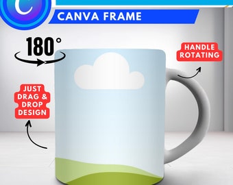 Mockup di tazza girevole da 11 once di Canva, modello di tazza da caffè con rotazione di 180 gradi, trascina e rilascia per inserire sfondo e design, tutorial video