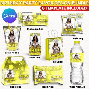 8X Prom Send Off Party Favor Template Bundle, Yellow Canva Editable Prom Party Treats Design, Custom Water Labels, Chip Bag Wrapper