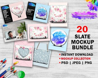 May include: A set of 20 slate photo mockups with various shapes and sizes, including a heart, rectangle, oval, and circle. The mockups are on a wooden background with paint splatters and brushes. The text "Place Your Design" is on some of the mockups. The text "20 Slate Mockup Bundle" is in red text. The text "Instant Download, Mockup Collection, PSD | JPEG | PNG" is in black text.