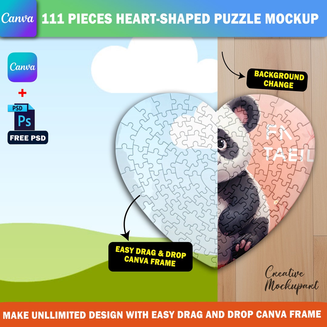 Canva 111 Piece Heart Shape Puzzle Mockup, Jigsaw Puzzle Template for