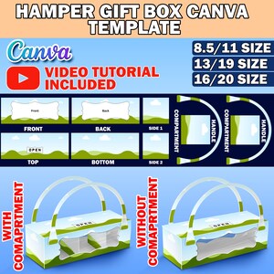May include: A Canva template for a gift box with a handle. The template includes different sizes: 8.5 x 11 inches, 13 x 19 inches, and 16 x 20 inches. The template includes a compartment option and a video tutorial.