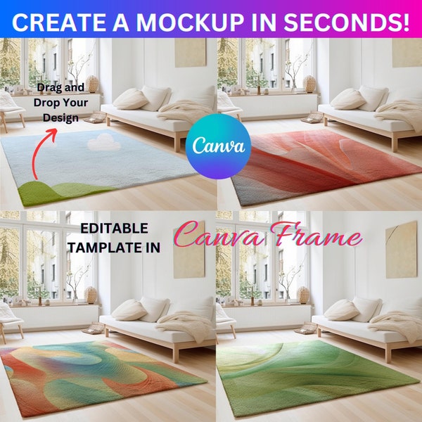 Canva Living Room Rug Mockup| Living Room Carpet Mockup | Rug Runner Mock Up | Drag & Drop Your Design Into Canva Frame