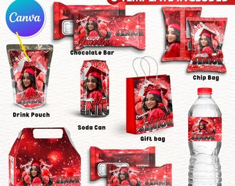 8X Senior/Grad Party Favor Template Bundle, Yellow Canva Editable Prom Party Treats Design, Custom Water Labels, Chip Bag Wrapper