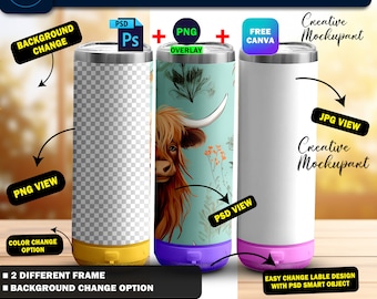 Maqueta de vaso de altavoz de 20 oz, Maqueta de vaso de altavoz Bluetooth delgado de 20 oz Cambie el color del altavoz, diseño de inserción de fondo a través del marco PSD Canva