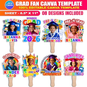 Può includere: Modello Canva per ventaglio di laurea con otto design. Ogni ventaglio presenta la foto di un bambino con il cappello di laurea, con testo come "Pre-K Grad", "Kinder Grad" e nomi come Brianna e Andrew. Il formato del foglio è 21,6 cm x 27,9 cm.