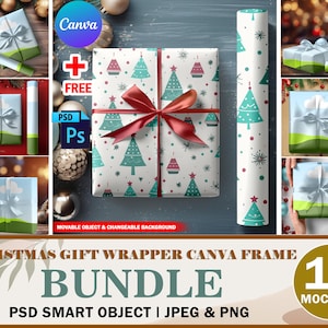 May include: A set of 10 Christmas gift wrapper Canva frame mockups. The mockups feature a variety of gift wrapping paper designs with a Christmas tree pattern. The mockups are in PSD format and include smart objects for easy customization.