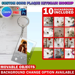 May include: A mockup of a custom song plaque keychain with a clear acrylic plaque featuring a couple and a song title. The keychain is attached to a silver key ring. The image includes 10 different background options for the keychain.