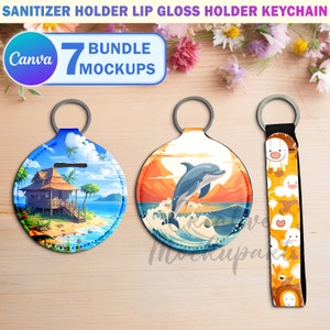 May include: A set of 7 keychain mockups featuring different designs. The mockups are displayed on a wooden surface with flowers. The designs include a beach scene with a house, a dolphin jumping out of the water, and a cartoon character with clouds. The text "Canva 7 Bundle Mockups" is visible in the image.