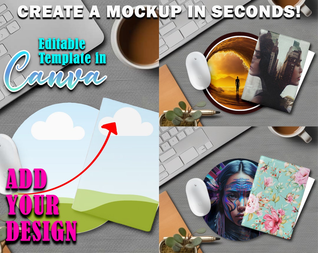Round Canva Frame Mouse Pad & Notepad Holder Mockup Set Template Drag